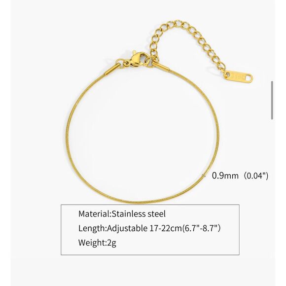 Minimalist 14k Gold-Tone Stainless Steel Snake Chain Bracelet Adjustable Length - Picture 2 of 6